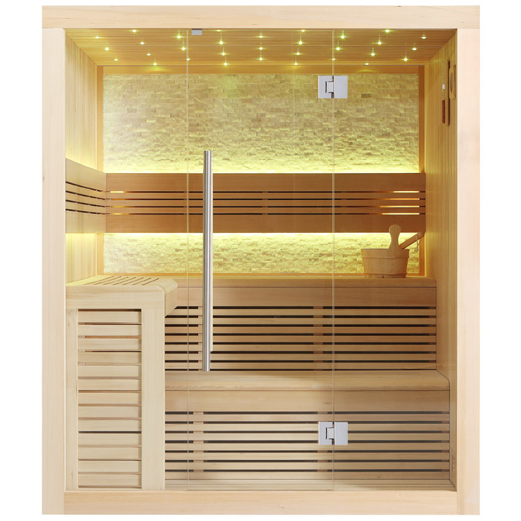 Sandstein Sauna, aus Hemlock, 180 × 150 cm, ohne Saunaofen, senkrechte Verschalung