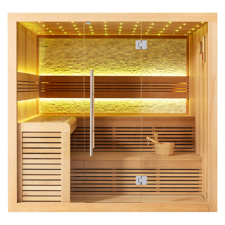 Sandstein Sauna, aus Hemlock, 220 × 200 cm, ohne Saunaofen, senkrechte Verschalung